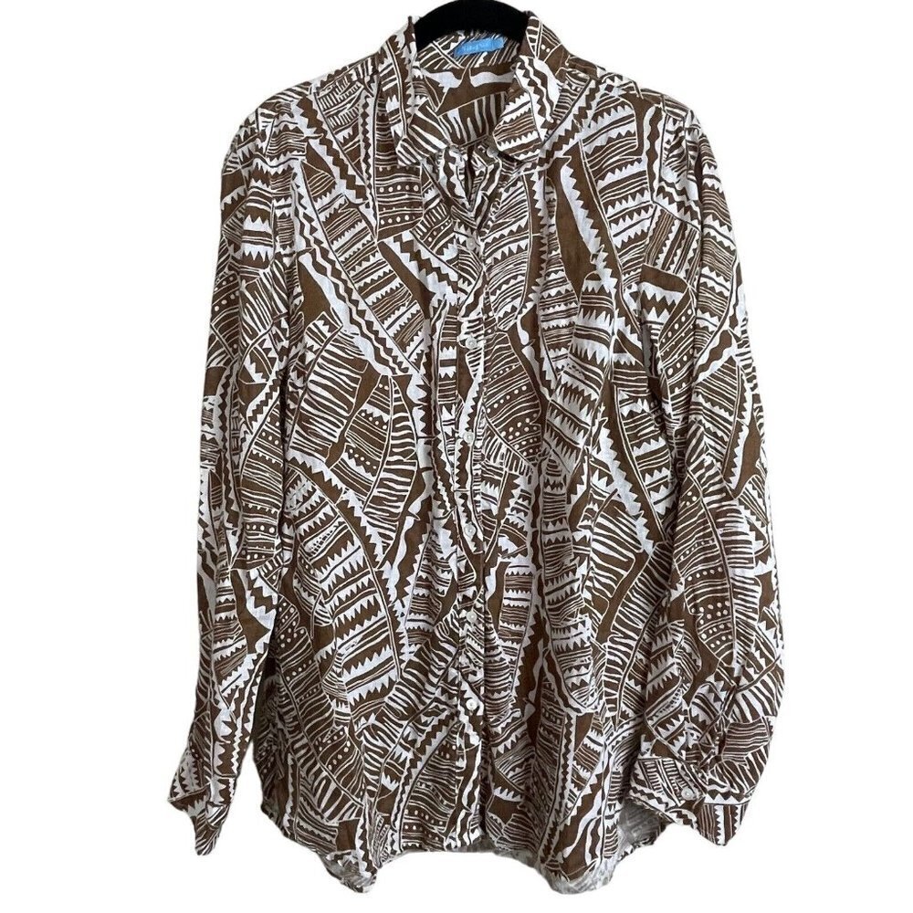 J McLaughlin Linen‎ Shirt S Brown White Tribal Button Up Preppy Coastal Vacation